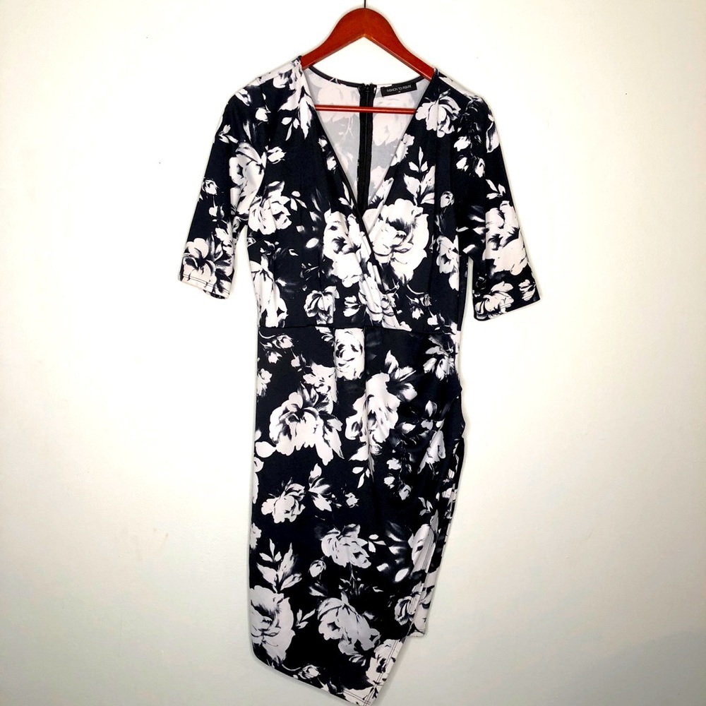 FTF 3/4 sleeve mini ruched low v-neck dress